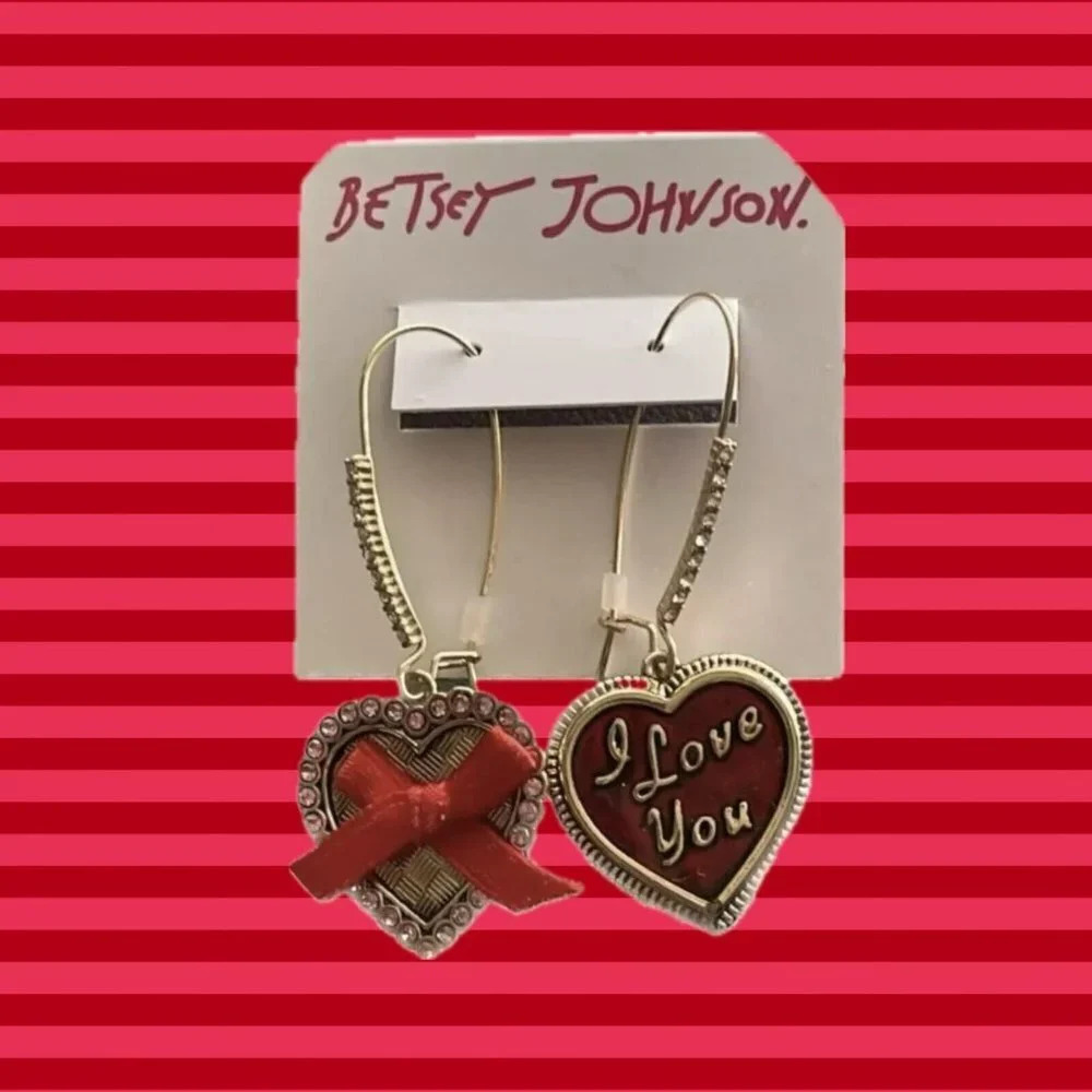Betsey Johnson Gold Red Heart Statement I Love You Pave Dangle Hook Earrings